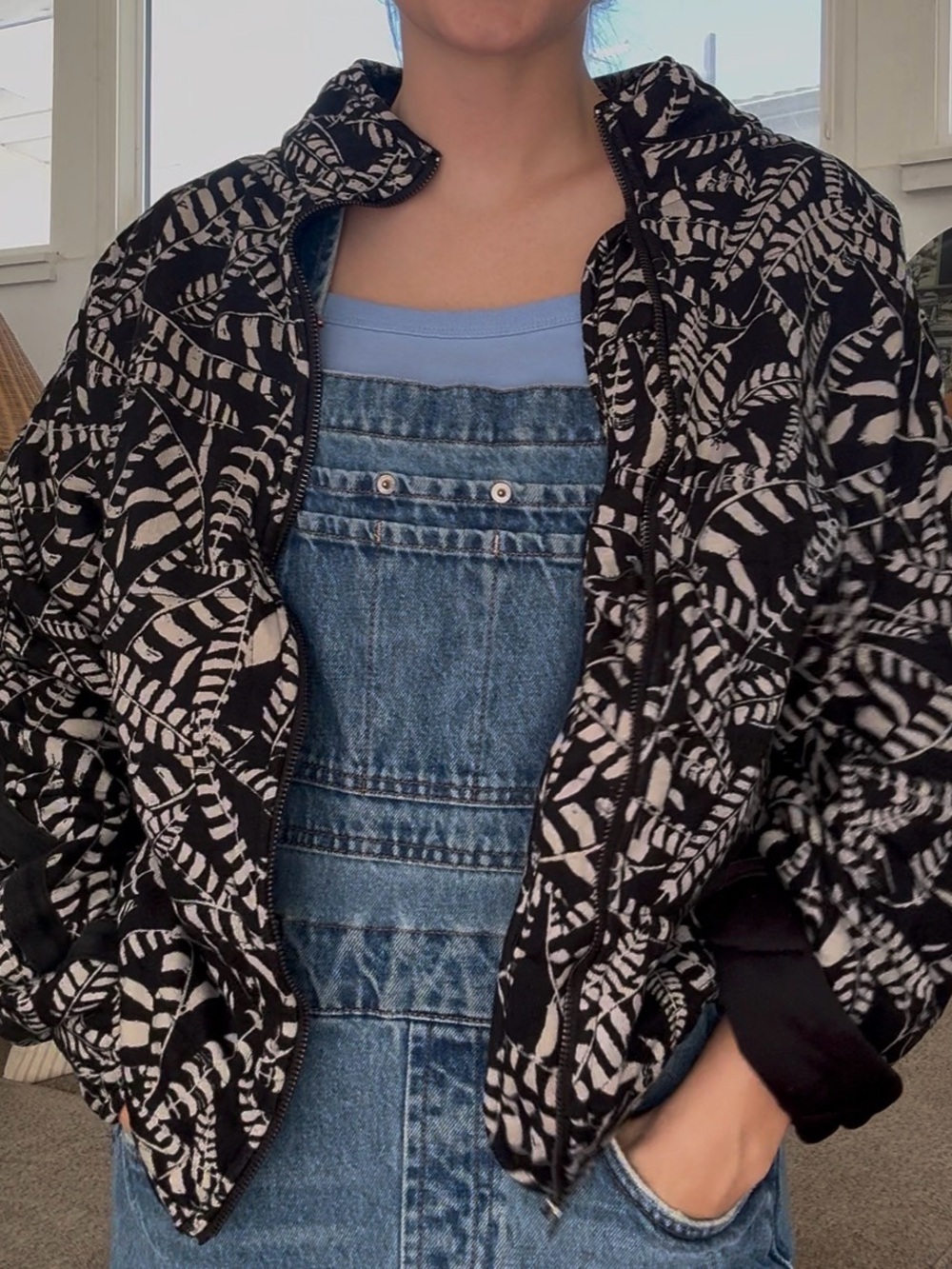 Black & Cream Printed Zip-Front Bomber Jacket